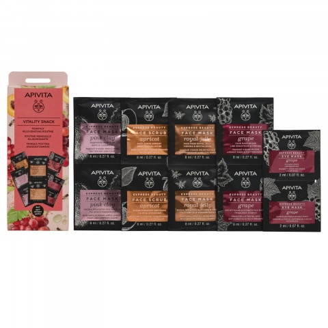 Снимка на Apivita Vitality Snack Комплект Маски за лице с пчелно млечице, с розова глина, с кайсия, с грозде 8 x 8 мл. + Маска за околоочен контур с грозде 2 x 2 мл. за 21.07лв. от Аптека Медея