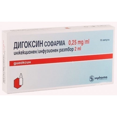 Снимка на Дигоксин Инжекционен/ инфузионен разтвор 0.25 мг./ мл., ампули 2 мл. х 10 броя, Sopharma за 15.79лв. от Аптека Медея