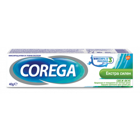 Снимка на Corega Екстра Силен за Свеж Дъх, фиксиращ крем за зъбни протези с приятен освежаващ вкус 40гр.  за 10.69лв. от Аптека Медея