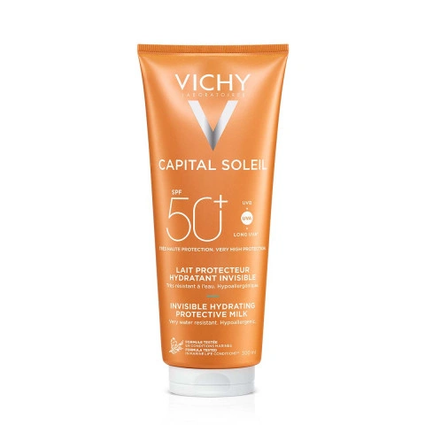 Снимка на Слънцезащитно хидратиращо мляко за лице и тяло за чувствителна кожа, семейна опаковка, 300 мл. Vichy Capital Soleil SPF50+ за 42.79лв. от Аптека Медея