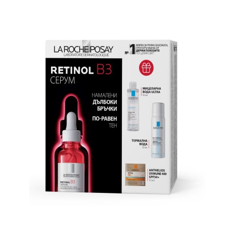 Снимка на La Roche-Posay Retinol B3 Серум против дълбоки бръчки, 30 мл. + Мицеларна вода, 50 мл. + Термална вода, 50 мл. + Anthelios SPF50+ Крем за лице 1,5мл. за 71.19лв. от Аптека Медея