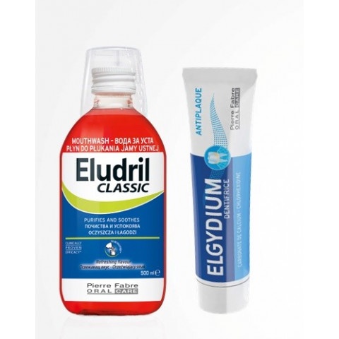 Снимка на Eludril Classic Антибактериална вода за уста 500 мл. + Elgydium Антиплакова паста за зъби 100 мл.  за 25.09лв. от Аптека Медея