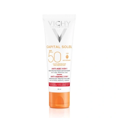 Снимка на Хидратиращ слънцезащитен крем за лице против бръчки, 50 мл, Ideal Soleil SPF50 Vichy за 27.08лв. от Аптека Медея