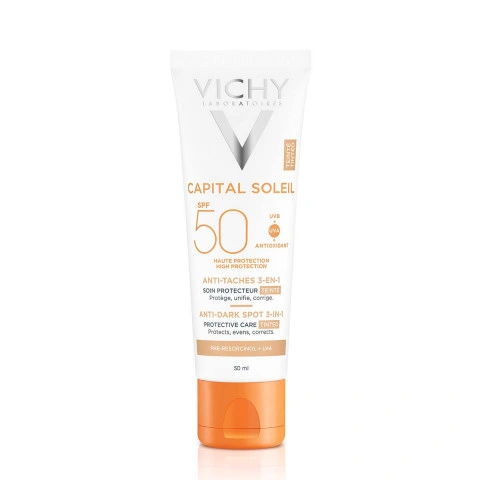 Снимка на Слънцезащитен тониран крем за лице против пигментни петна, 50 мл, Capital Soleil SPF50+ Vichy за 38.69лв. от Аптека Медея