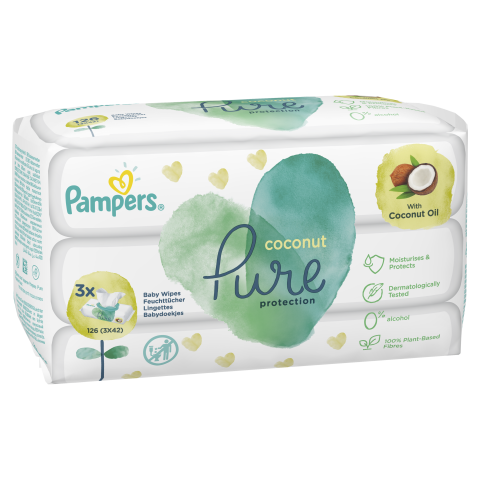 Pampers Coconut Pure бебешки мокри кърпички с 99% вода и кокосово масло 3 х 42
