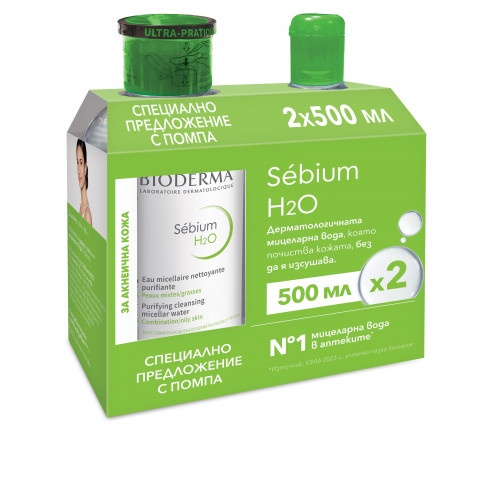 Снимка на Почистваща мицеларна вода за мазна и акнеична кожа 500 мл, Sebium Bioderma + 500 мл лимитиран формат с помпа    за 40.59лв. от Аптека Медея
