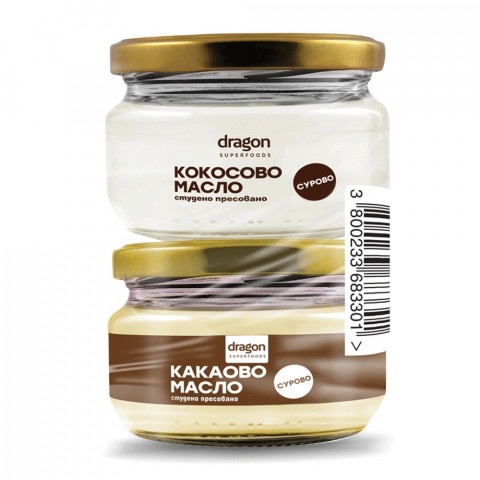 Снимка на Кoкocoвo мacлo студено пресовано, 100% органично 100 мл. + Какаoвo мacлo студено пресовано, 100% органично 100 мл., Dragon Superfoods за 8.69лв. от Аптека Медея