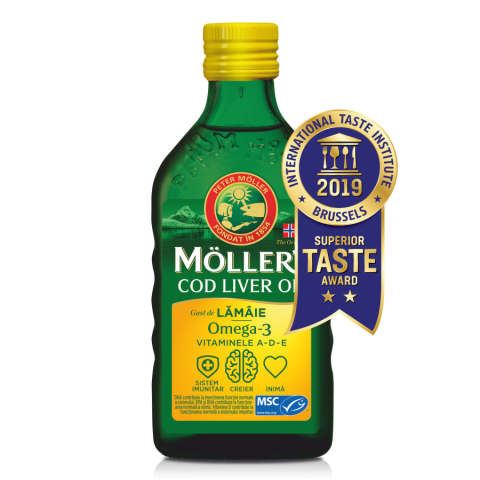 Снимка на Норвежко масло от черен дроб на риба треска, Омега-3, витамини А-D-E, вкус-лимон, 250мл, Moller's за 32.49лв. от Аптека Медея