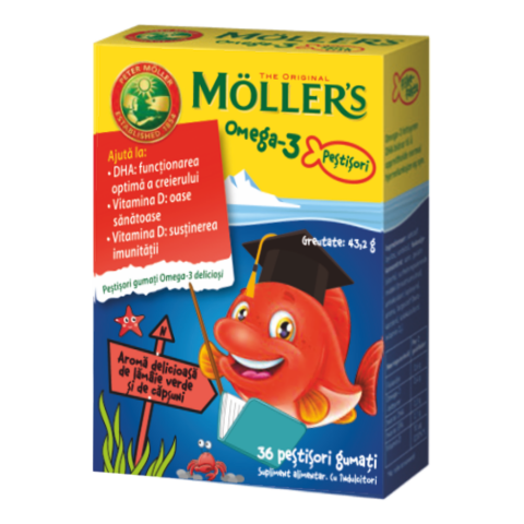 Снимка на Желирани рибки за деца с Омега-3 и витамини, ягода, 36 рибки, Moller's за 32.49лв. от Аптека Медея