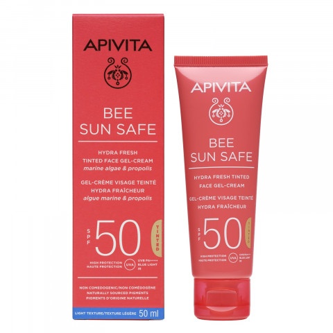 Снимка на Слънцезащитен хидратиращ и освежаващ тониран гел-крем за лице, 50 мл. Apivita Bee Sun Safe SPF50 за 36.19лв. от Аптека Медея
