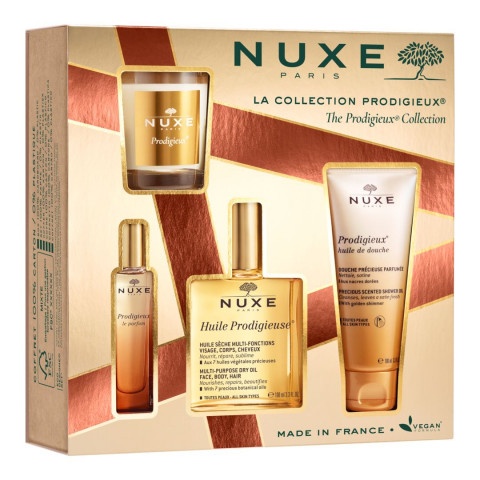 Снимка на Nuxe Prodigieux Комплект - Мултифункционално сухо масло, 100 мл. + Душ-олио, 100мл. + Парфюм, 15 мл. + Ароматна свещ, 70 г. за 65.09лв. от Аптека Медея