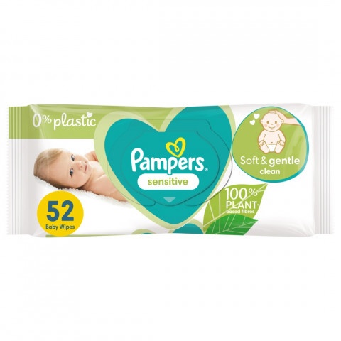 Снимка на Бебешки мокри кърпички с влакна от 100% растителен произход, х 52 броя, Pampers Sensitive за 5.69лв. от Аптека Медея