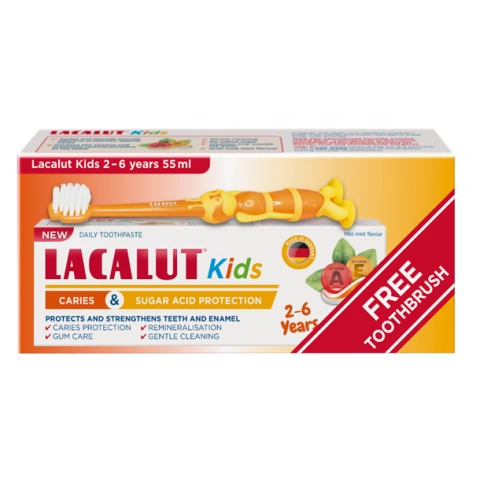 Снимка на Детска паста за зъби с двойна ефективност, за деца от 2 до 6 години, 55 мл. + Четка за зъби, Lacalut Kids за 4.69лв. от Аптека Медея