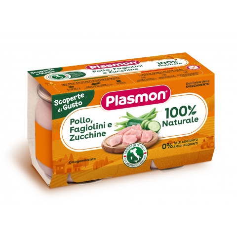 Снимка на Пюре от пилешко, зелен фасул и тиквички подходящи за деца над 6+ месечна възраст, 2 броя х 120 г. Plasmon за 7.29лв. от Аптека Медея