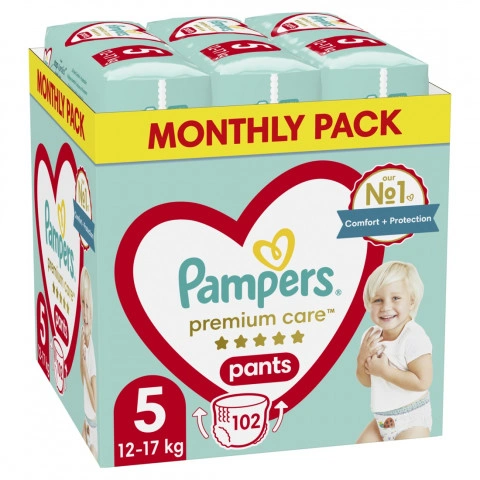 Снимка на Пелени-Гащички от 12-17 кг. х 102 броя, Pampers Pants Premium care Monthly Pack №5 за 72.69лв. от Аптека Медея