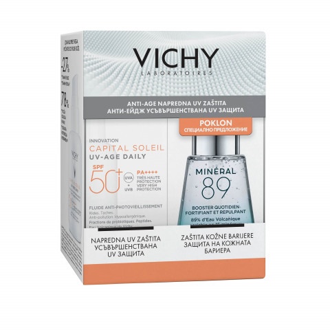 Снимка на Vichy Soleil UV-Age Daily SPF50+ Слънцезащитен флуид за лице против фотостареене, 40 мл. + Mineral 89 Бустер за лице, 30 мл. за 43.49лв. от Аптека Медея