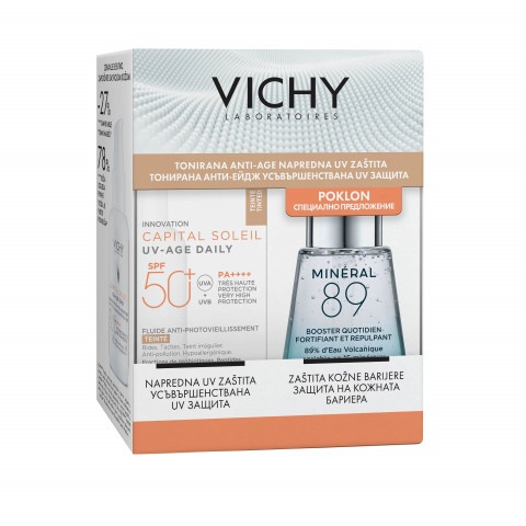 Снимка на Vichy Soleil UV-Age Daily SPF50+ Слънцезащитен оцветен флуид за лице против фотостареене, 40 мл. + Mineral 89 Бустер за лице, 30 мл. за 43.49лв. от Аптека Медея