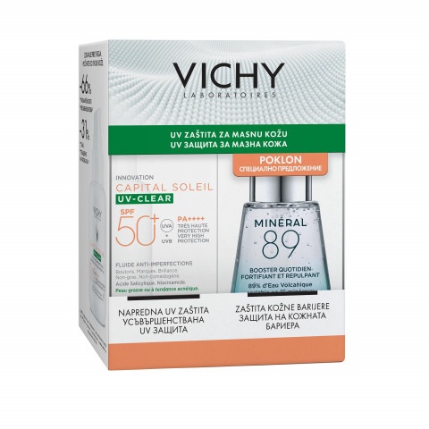 Снимка на Vichy Soleil UV-Clear SPF50+ Слънцезащитен флуид за лице против несъвършенства, 40 мл. + Mineral 89 Бустер за лице, 30 мл. за 43.49лв. от Аптека Медея