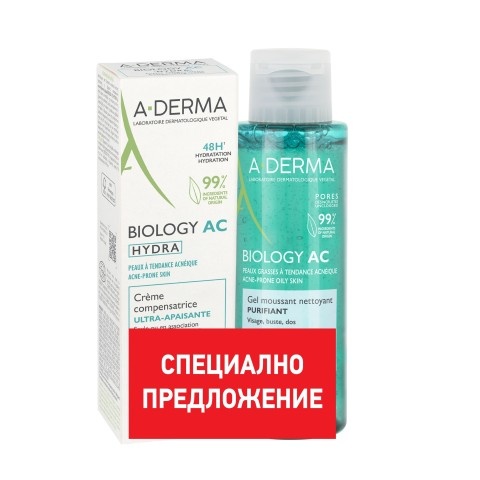 Снимка на A-Derma Biology-AC Hydra Компенсиращ крем за лице 40 мл. + Biology-AC Почистващ пенещ се гел 100 мл. за 31.79лв. от Аптека Медея