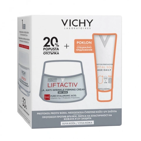 Снимка на Vichy Liftactiv H.A. Дневен крем за корекция на бръчки за суха кожа, 50 мл. + Soleil SPF50+ UV-Age Флуид за лице, 15 мл. за 38.77лв. от Аптека Медея