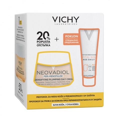 Снимка на Vichy Neovadiol Peri Menopause Дневен крем с уплътняващ ефект за суха кожа, 50 мл. + Soleil SPF50+ UV-Age Флуид за лице 15 мл. за 38.77лв. от Аптека Медея