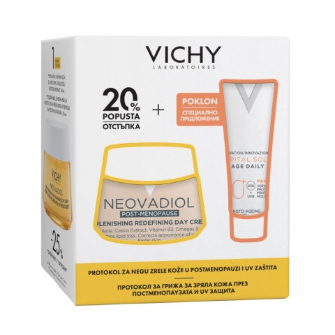 Снимка на Vichy Neovadiol Post Menopause Подхранващ и стягащ дневен крем за лице за кожа в постменопауза, 50 мл. + Soleil SPF50+ UV-Age Флуид за лице 15мл. за 38.77лв. от Аптека Медея