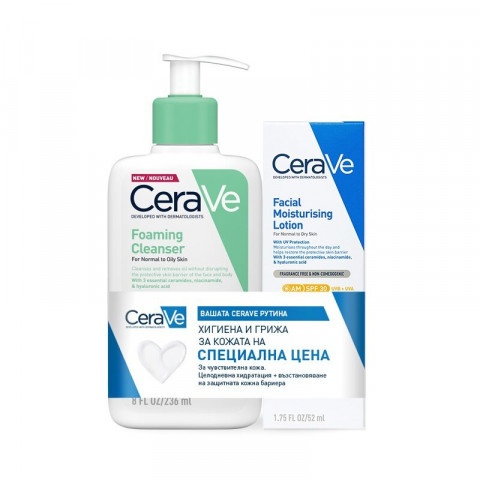 Снимка на CeraVe Измиваща гел-пяна 236 мл. + CeraVe SPF30 Хидратиращ крем за лице с UV защита, 52 мл. за 42.89лв. от Аптека Медея
