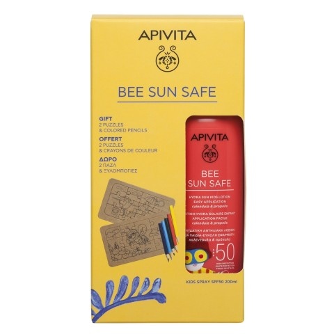 Снимка на Apivita Bee Sun Safe SPF50 Слънцезащитен спрей за деца 200 мл. + Подарък 2 броя Крафт пъзел + Цветни моливчета за 47.39лв. от Аптека Медея