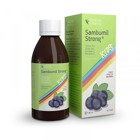 Снимка на Самбумил стронг Сироп с вкус на малина, с черен бъз, коластра, витамин E, C, 180мл за 28.39лв. от Аптека Медея