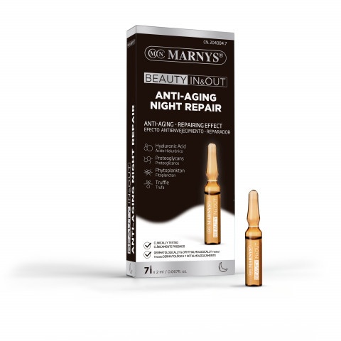 Снимка на Marnys Anti-Age Night Repair нощен серум с хилурон, протеогликани за озарена кожа с блясък, 7 броя х 2мл. за 30.49лв. от Аптека Медея