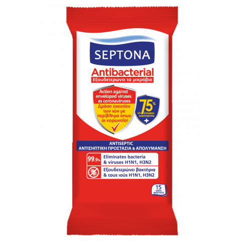 Снимка на Septona Antiseptic антибактериални мокри кърпи с 75% алкохолно съдържание х 15 броя за 1.39лв. от Аптека Медея