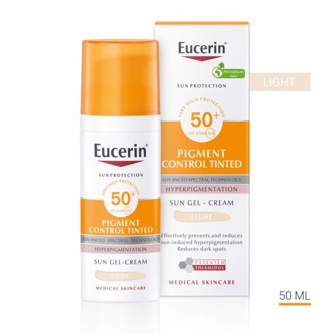 Снимка на Oцветен слънцезащитен гел-крем за лице в светъл цвят, 50 мл. Eucerin Sun Pigment Control SPF50+ за 33.83лв. от Аптека Медея