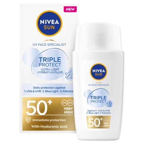 Снимка на Слънцезащитен ултра лек флуид за лице срещу UV светлина, 40 мл. Nivea Sun Triple Protect SPF50+ за 20.69лв. от Аптека Медея