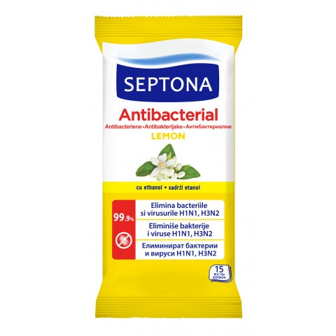 Снимка на Septona Lemon антибактериални мокри кърпи с аромат на лимон х 15 броя за 1.19лв. от Аптека Медея