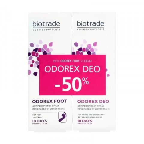 Снимка на Промо пакет Спрей против изпотяване за крака, 40 мл + Спрей против изпотяване на ръце и подмишниците, 40 мл, Biotrade Odorex за 28.99лв. от Аптека Медея