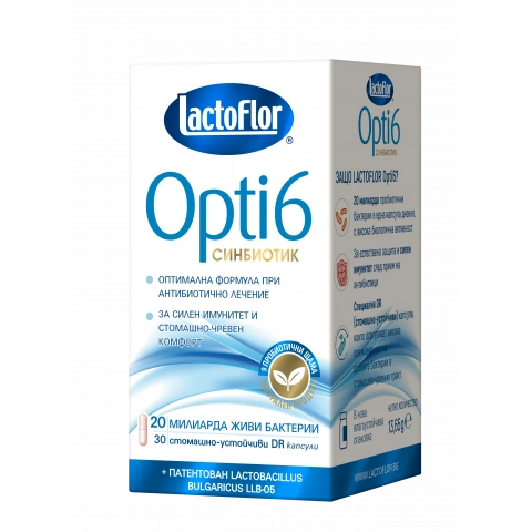 Снимка на Lactoflor Опти 6 Пробиотик + Фибри за баланс на чревна микрофлора, имунитет, 30 капсули за 24.19лв. от Аптека Медея