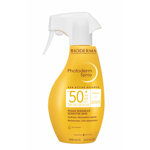 Снимка на Хидратиращ слънцезащитен спрей за лице и тяло без бели следи, 400 мл., Bioderma Photoderm Spray SPF50+ за 60.79лв. от Аптека Медея